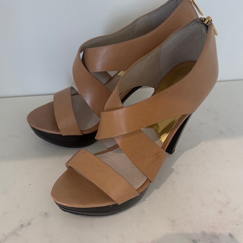 Michael Kors Cognac Leather Cross-Strap Platform Sandals